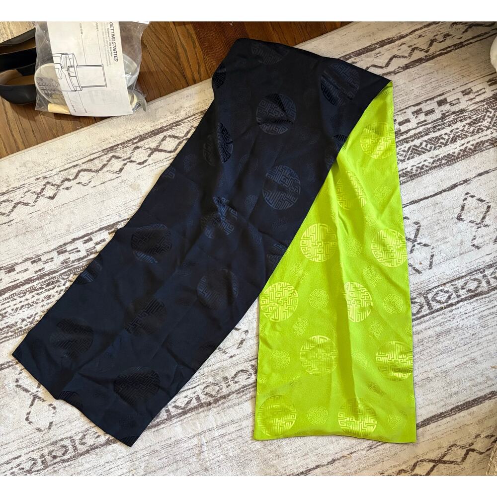 Shanghai Tang Silk Scarf Black Lime Green Reversible Jacquard 100% Silk Luxury